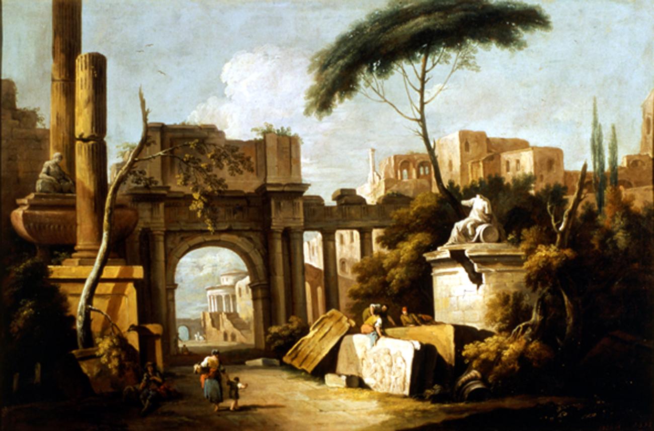 Rovine antiche con grande arco e colonne, paesaggio con rovine (dipinto) di Zais Giuseppe (sec. XVIII)