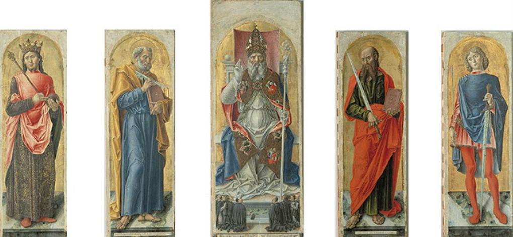 Sant'Ambrogio benedicente alcuni devoti tra i santi Luigi, Pietro, Paolo e Sebastiano, Santi (dipinto, opera isolata) di Vivarini Bartolomeo (sec. XV)