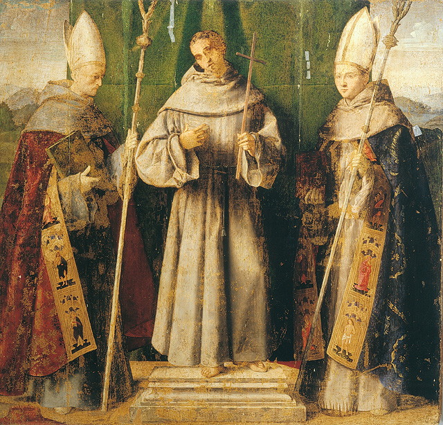 San Francesco d'Assisi tra San Bonaventura e San Luigi, Santi (dipinto, opera isolata) di Catena Vincenzo (attribuito) (prima metà sec. XVI)