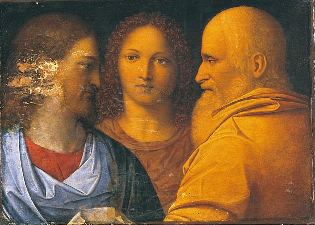 San Giovanni Evangelista tra due apostoli, San Giovanni Evangelista (dipinto, opera isolata) di Giovanni Agostino da Lodi (attribuito) (fine/inizio secc. XV/ XVI)