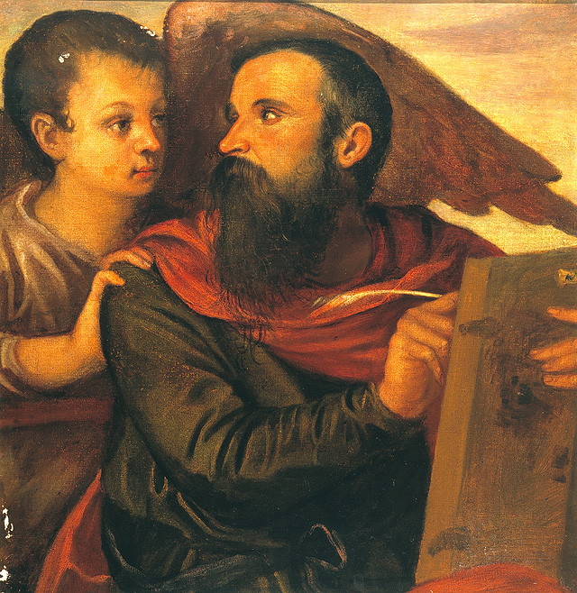 San Matteo e l'angelo (dipinto, opera isolata) di Mazza Damiano (attribuito) (sec. XVI)
