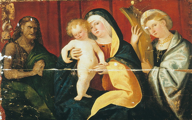 Madonna con Bambino e Santi (dipinto, opera isolata) di Busi Giovanni detto Cariani (attribuito) (prima metà sec. XVI)