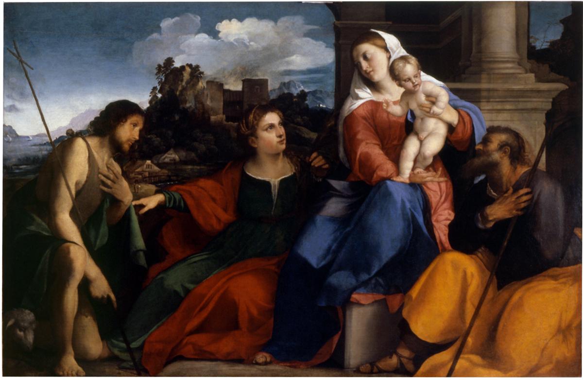 Sacra Famiglia e Santi (dipinto) di Negretti Iacopo detto Palma il Vecchio (sec. XVI)