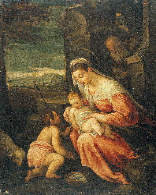 Sacra Famiglia con San Giovanni Battista bambino (dipinto, opera isolata) di Da Ponte Jacopo detto Jacopo Bassano (attribuito) (sec. XVI)