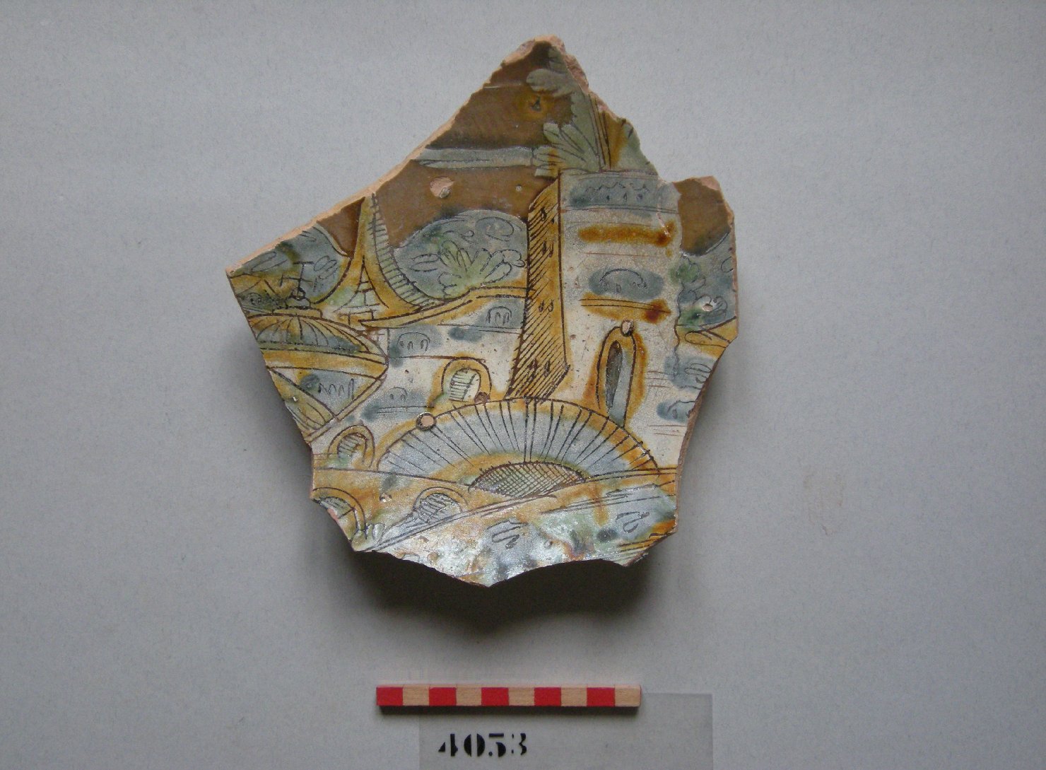 paesaggio (piatto, frammento) - ambito veneziano (secc. XVI/ XVII)