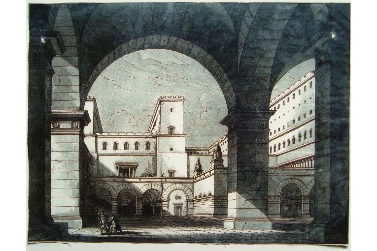 veduta di cortile interno (stampa smarginata) di Basoli Francesco, Basoli Luigi (sec. XIX)
