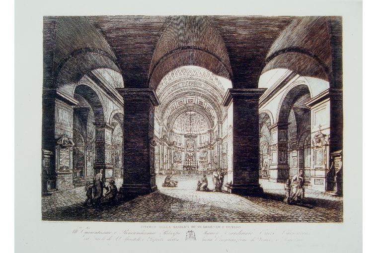 interno della basilica dei SS. Lorenzo e Damaso a Roma (stampa) di Sarti Antonio (sec. XIX)