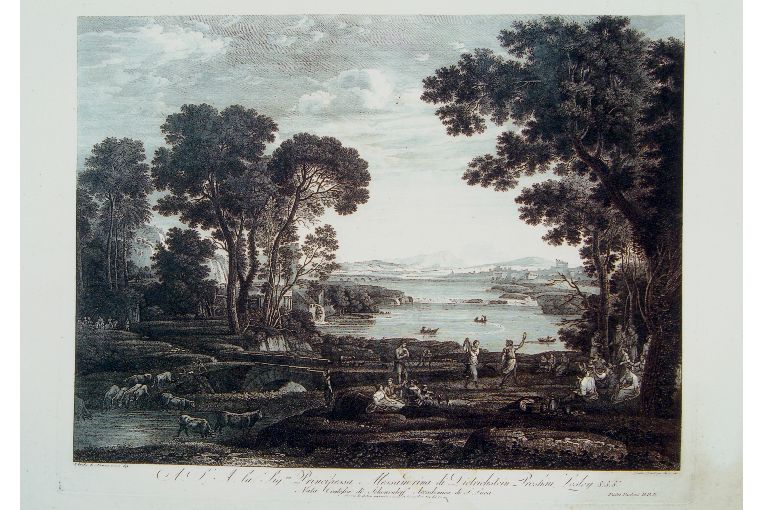 paesaggio fluviale con figure (stampa) di Parboni Pietro, Gellèe Claude detto Lorrain Claude (prima metà sec. XIX)