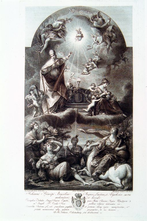 la Chiesa mostra la gloria del Sacro Cuore ai Continenti (stampa) di Carattoni Girolamo, Cavicchia Marco, Batoni Pompeo Girolamo (sec. XIX)