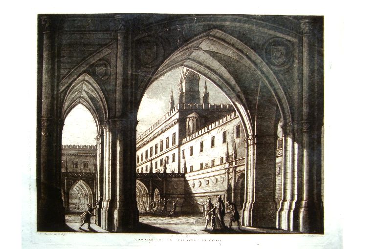 cortile di un palazzo gotico (stampa) di Basoli Francesco, Basoli Luigi, Basoli Antonio, Sandri Gaetano (sec. XIX)