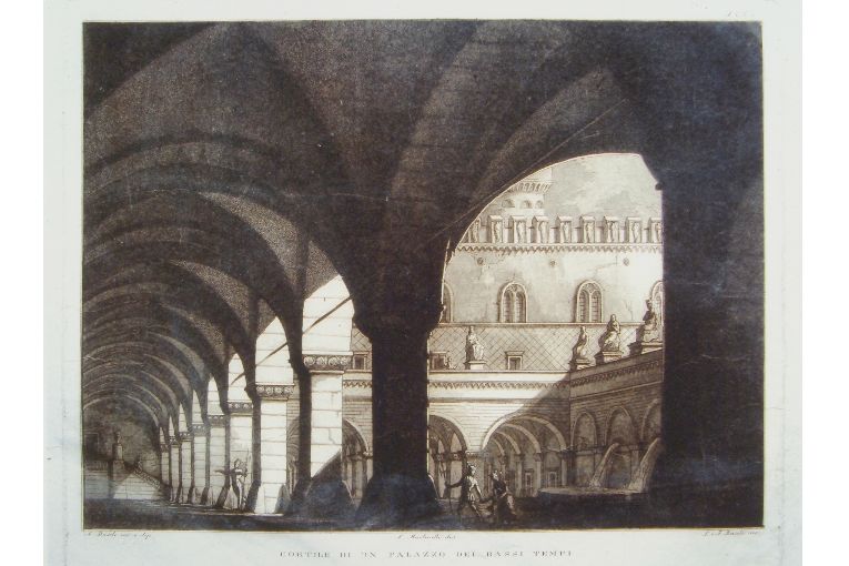 cortile di palazzo (stampa) di Basoli Francesco, Basoli Luigi, Basoli Antonio, Martinelli L (sec. XIX)