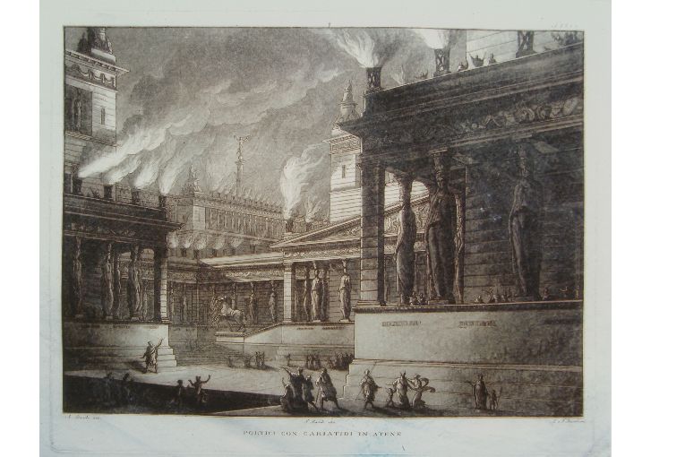 portici con cariatidi in Atene (stampa) di Basoli Francesco, Basoli Luigi, Basoli Antonio (sec. XIX)