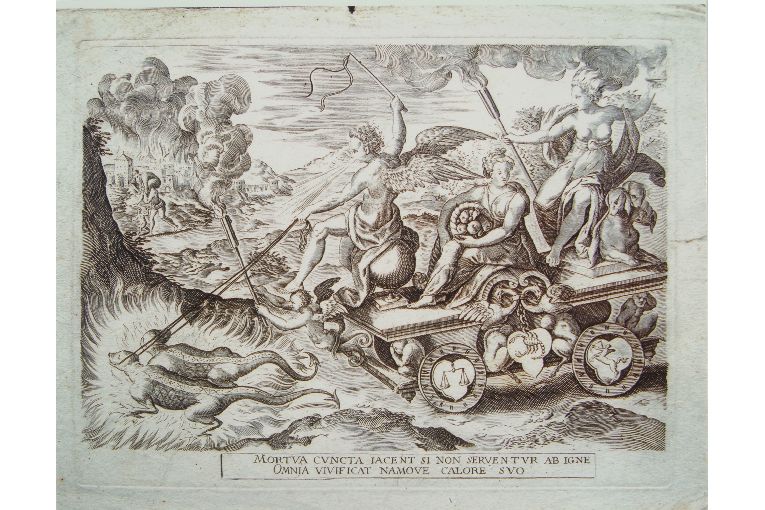 allegoria della guerra purificatrice del mondo (stampa) - ambito italiano (seconda metà sec. XVII)