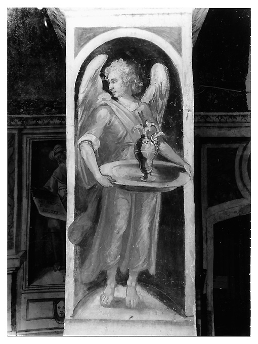 angelo con simboli della Passione: brocca e bacile (dipinto) di Bordone Andrea (attribuito) - ambito Italia meridionale (secc. XVI/ XVII)