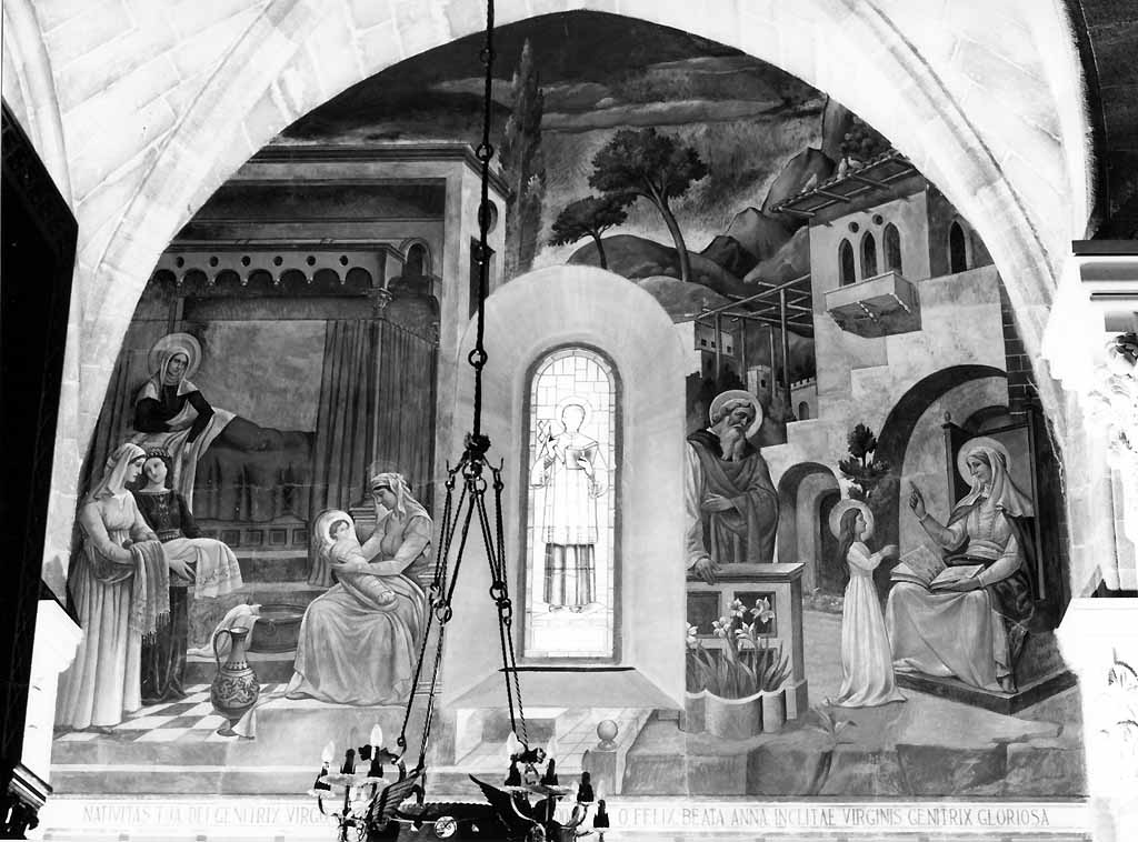 nascita di Maria Vergine/ educazione di Maria (dipinto, elemento d'insieme) di Prayer Mario (sec. XX)