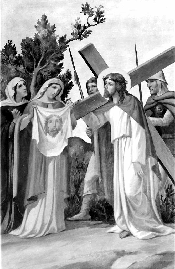 stazione VI: Gesù asciugato dalla Veronica (dipinto, elemento d'insieme) di Prayer Mario (sec. XX)