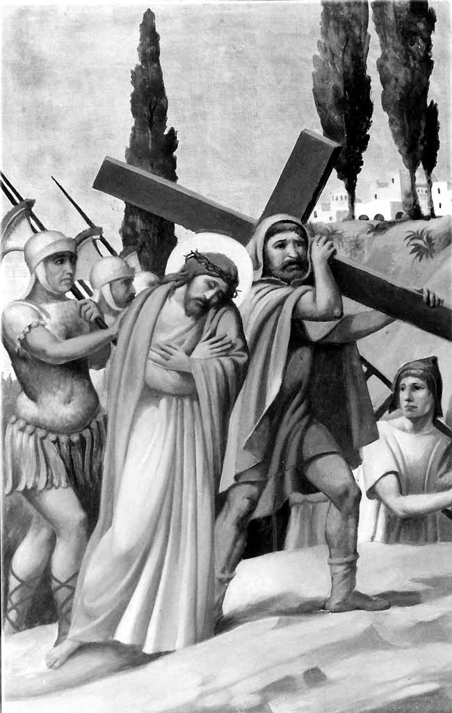 stazione V: Gesù aiutato da Simone il Cireneo a portare la croce (dipinto, elemento d'insieme) di Prayer Mario (sec. XX)