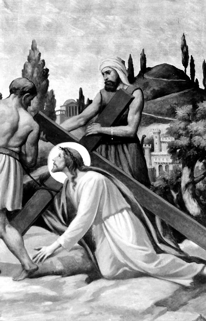 stazione III: Gesù cade sotto la croce la prima volta (dipinto, elemento d'insieme) di Prayer Mario (sec. XX)