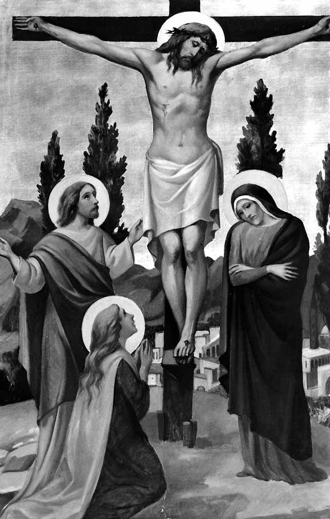 stazione XII: Gesù innalzato e morto in croce (dipinto, elemento d'insieme) di Prayer Mario (sec. XX)