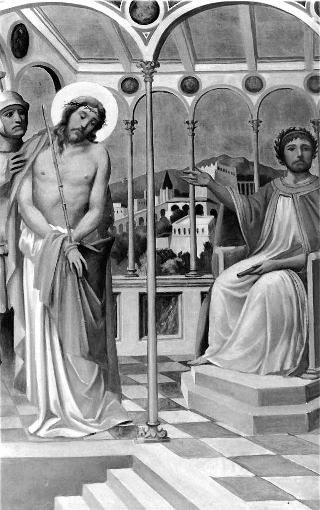 stazione I: Gesù condannato a morte (dipinto, elemento d'insieme) di Prayer Mario (sec. XX)