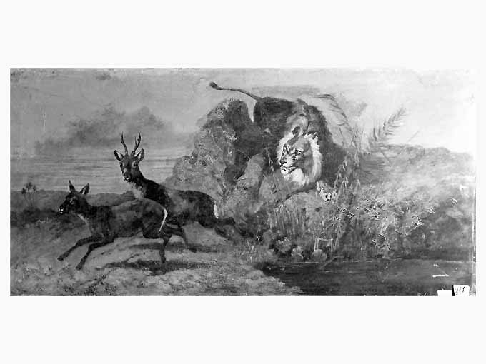 leone che tende un agguato a due cervi (dipinto, opera isolata) - ambito Italia meridionale (fine/inizio secc. XIX/ XX)
