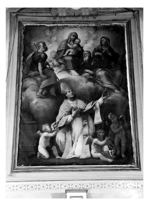 San Gennaro con angioletti, Sacra famiglia con San Gioacchino e Sant'Anna in gloria (dipinto) di Abbate Gennaro (sec. XVIII)