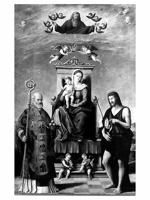 Madonna con Bambino tra San Nicola e San Giovanni Battista (dipinto) di Santacroce Girolamo (sec. XVI)