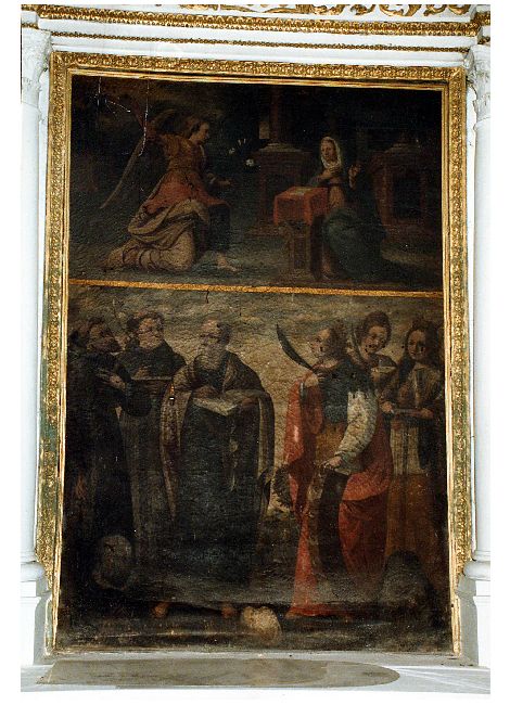 Annunciazione/San Francesco d'Assisi, Sant'Antonio da Padova, Sant'Elia, Santa Caterina d'Alessandria, Santa Lucia, e Santa Martire (dipinto) - ambito pugliese (sec. XVI)