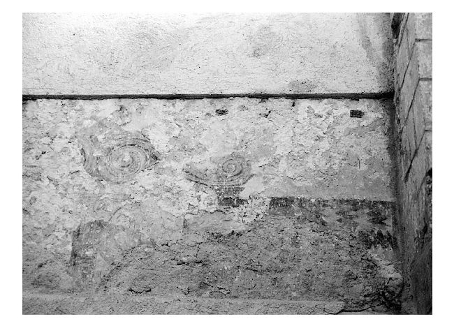 motivi decorativi a volute/ Santi/ Sant'Antonio Abate (dipinto, frammento) - ambito pugliese (secc. XIII/ XIV)