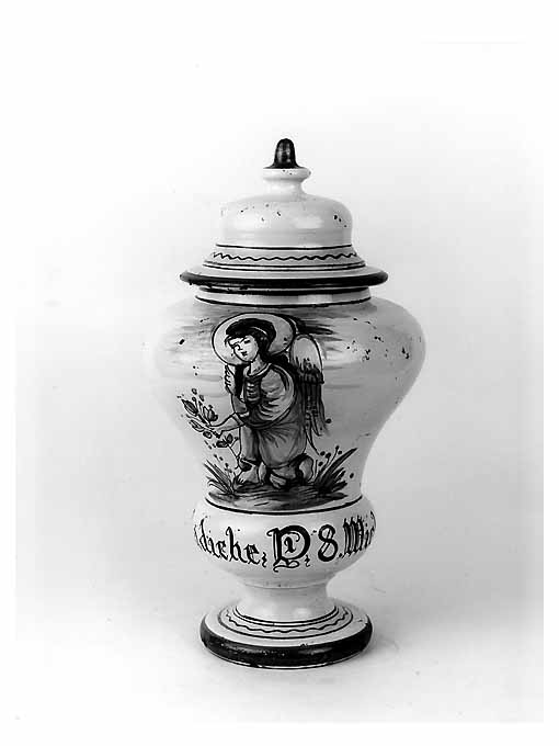 angelo genuflesso nell'atto di cogliere un fiore (barattolo, serie) - manifattura Italia meridionale (prima metà sec. XVII)