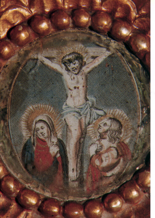 crocifissione di Cristo con la Madonna, San Giovanni Evangelista, Stephaton e Longino (dipinto) - ambito Italia meridionale (sec. XVII)
