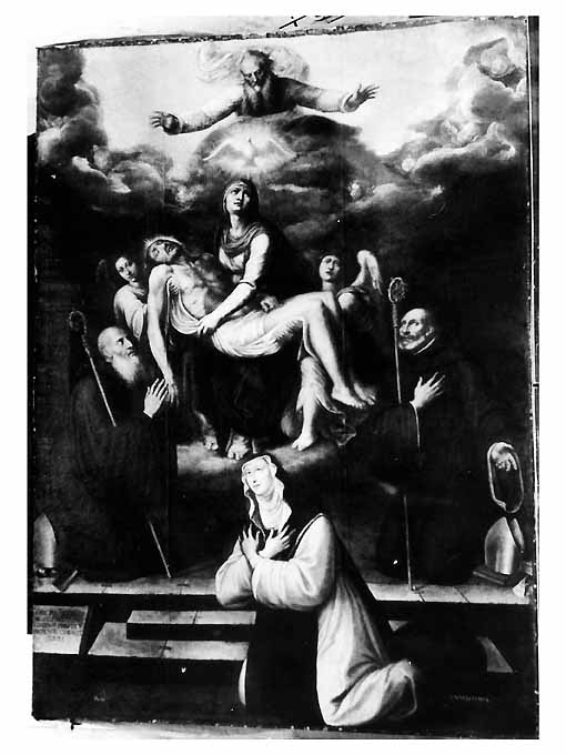 Pietà tra San Benedetto e San Bernardo, alla presenza del committente (dipinto) di Humbellina (sec. XVI)