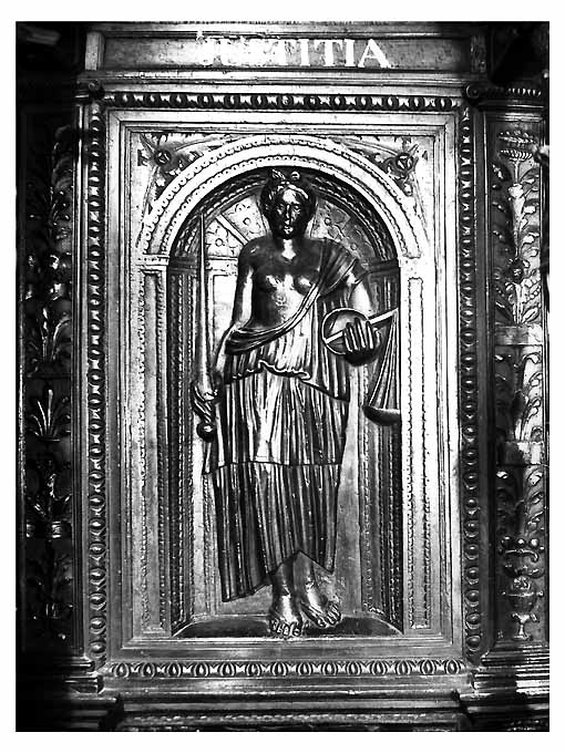 Allegoria della Giustizia (pannello di stallo di coro) di Bonafede Colantonio, Marzano Teodoro, Fanello Candilera de (sec. XVI)