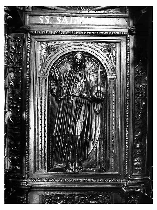Cristo Salvatore (pannello di stallo di coro) di Bonafede Colantonio, Marzano Teodoro, Fanello Candilera de (sec. XVI)