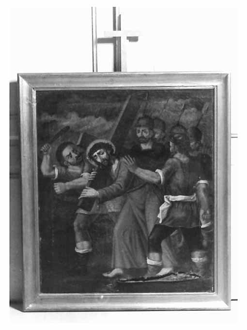 V stazione della Via Crucis, stazione V: Gesù aiutato da Simone il Cireneo a portare la croce (dipinto, ciclo) di Candela D (sec. XIX)