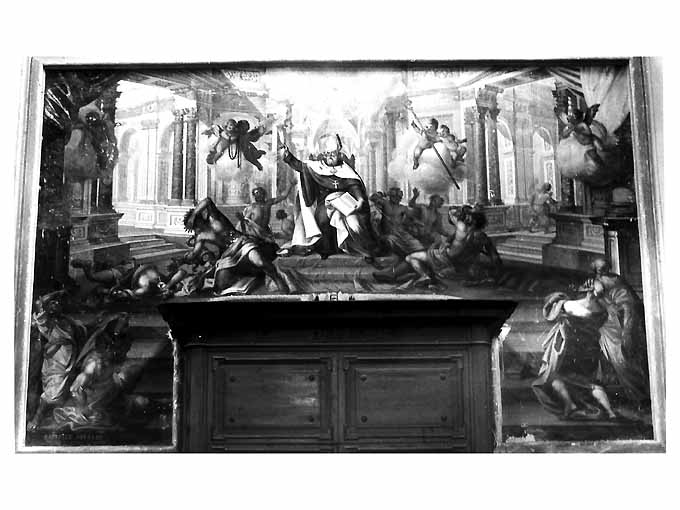 San Benedetto scaccia gli eretici (dipinto) di Affaitati Raffaele (sec. XIX)