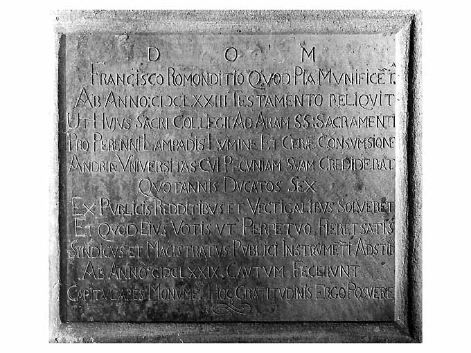 lapide commemorativa - ambito pugliese (seconda metà sec. XVII)