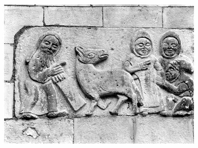 Tavoletta della Mela, Tre monaci, figura maschile, cavallo (rilievo) - produzione pugliese (sec. XVI)