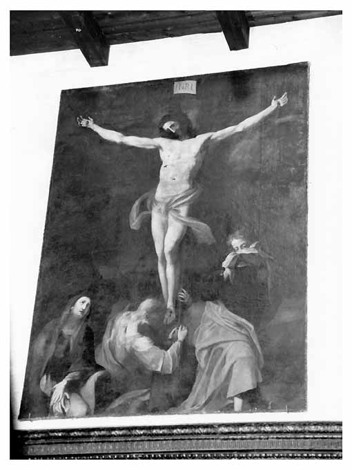 Cristo crocifisso con la Madonna, San Giovanni Evangelista e Santa Maria Maddalena (dipinto) di Rosa Carlo (scuola) (sec. XVII)