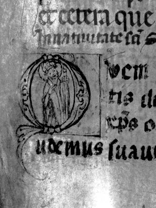 Lettera Q con raffigurazione di santo vescovo (miniatura) - ambito umbro (fine sec. XIII)