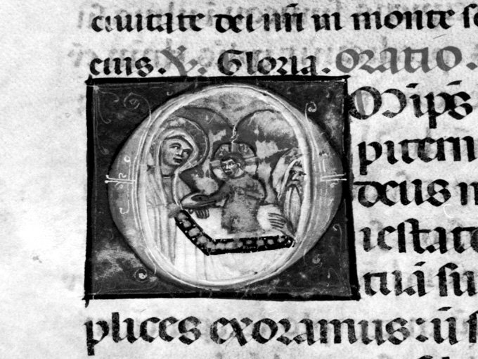 Lettera O con raffigurazione della Presentazione al tempio (miniatura) - ambito umbro (fine sec. XIII)