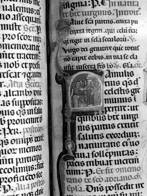 Lettera F con raffigurazione dell'Annunciazione (miniatura) - ambito umbro (fine sec. XIII)