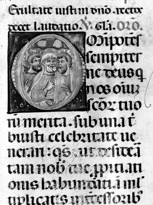 Lettera O con raffigurazione di Tre apostoli (miniatura) - ambito umbro (fine sec. XIII)