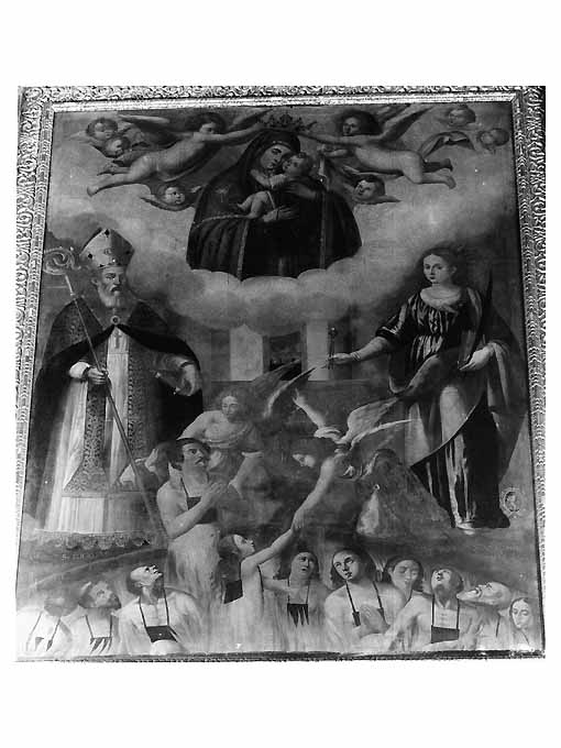 Madonna del Carmelo intercede per le anime del purgatorio con Sant'Eligio e Sant'Apollonia (dipinto) - ambito pugliese (sec. XVII)