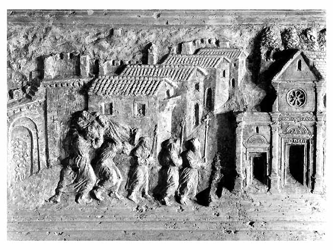 monaci trasportano il corpo esamine della Madonna (rilievo) - ambito pugliese (fine/inizio secc. XV/ XVI)