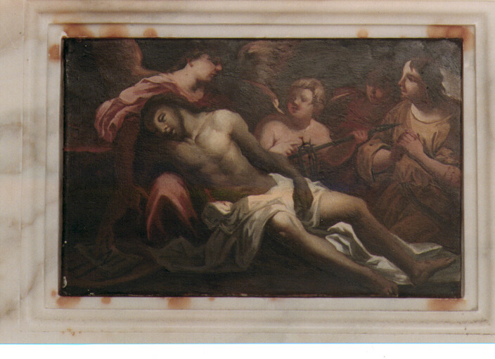 Cristo in pietà sorretto da angeli (dipinto) di Miglionico Andrea (fine sec. XVII)