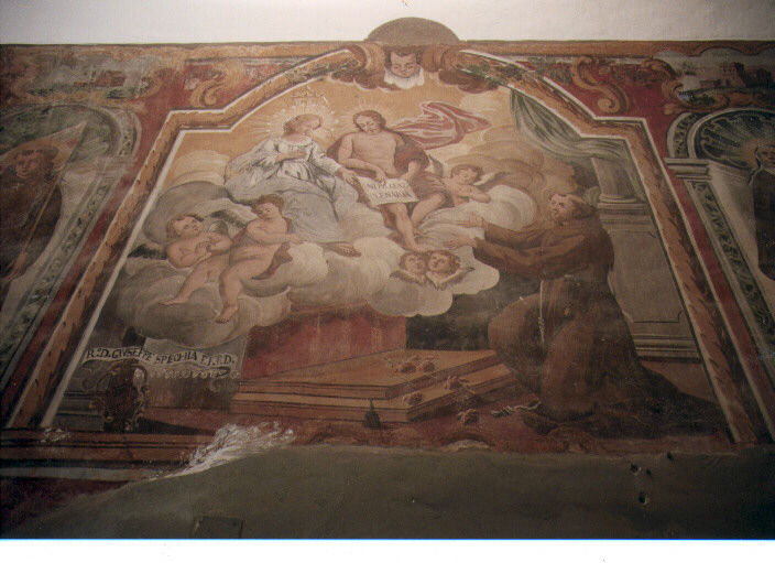 il perdono di Assisi, Cristo e la Madonna e San Francesco d'Assisi (dipinto) di Conversi Giuseppe (sec. XVIII)