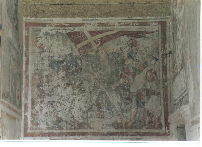 frate francescano con bandiera e soldati (dipinto, elemento d'insieme) - ambito pugliese (fine/inizio secc. XVII/ XVIII)