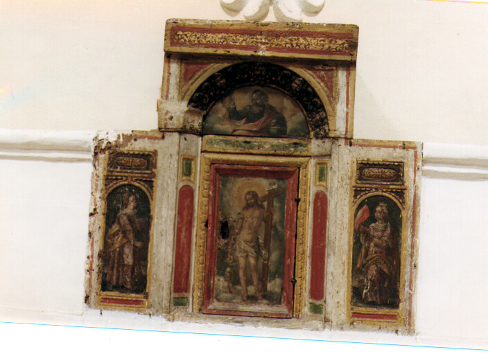 Cristo fonte di vita tra Santa Caterina d'Alessandria, Sant'Orsola e Dio Padre (tabernacolo) - ambito Italia meridionale (fine/inizio secc. XVI/ XVII)