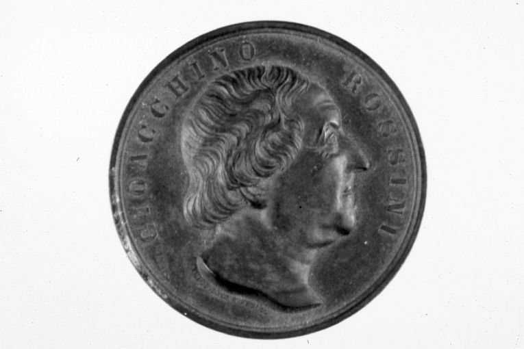 ritratto di Gioacchino Rossini (verso); stemma comunale di Firenze (recto) (medaglia) di Gori Luigi (e aiuti) (sec. XIX)